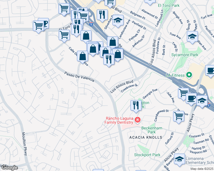 map of restaurants, bars, coffee shops, grocery stores, and more near 24555 Los Alisos Boulevard in Laguna Hills