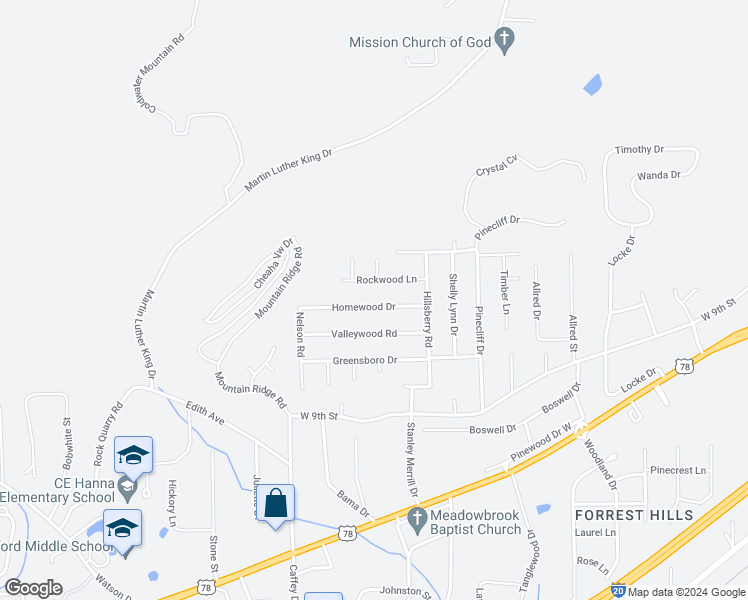 map of restaurants, bars, coffee shops, grocery stores, and more near 1214 Homewood Drive in Oxford