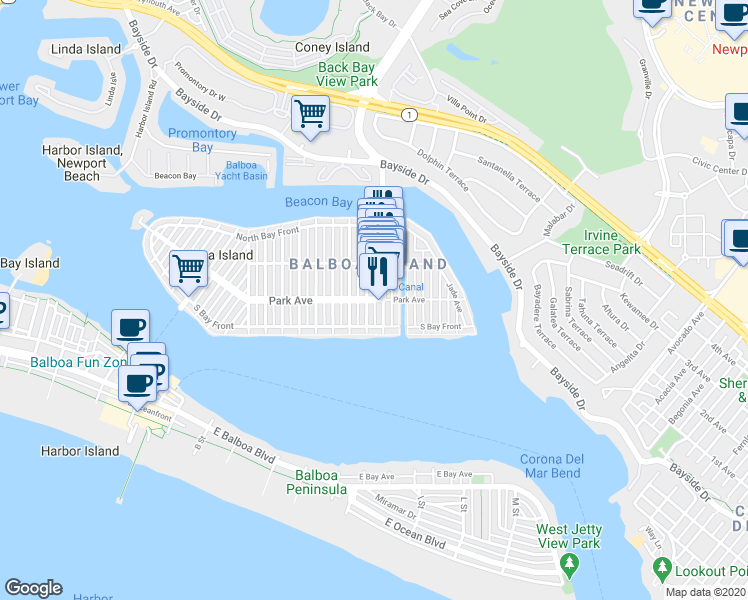 map of restaurants, bars, coffee shops, grocery stores, and more near 1347 Park Avenue in Newport Beach