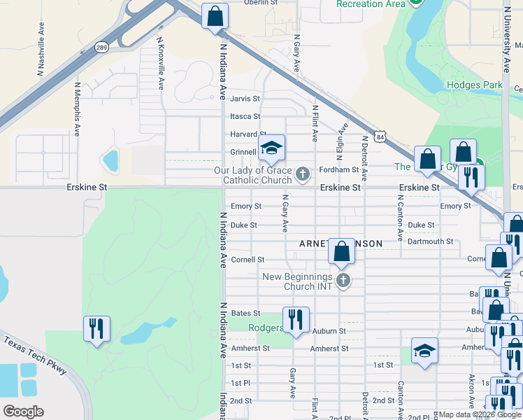 map of restaurants, bars, coffee shops, grocery stores, and more near 3222 Emory Street in Lubbock