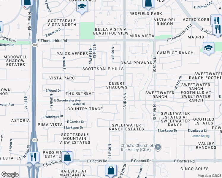 map of restaurants, bars, coffee shops, grocery stores, and more near 9309 East Pershing Avenue in Scottsdale