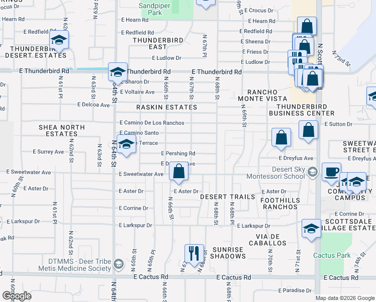 map of restaurants, bars, coffee shops, grocery stores, and more near 6629 East Eugie Terrace in Scottsdale