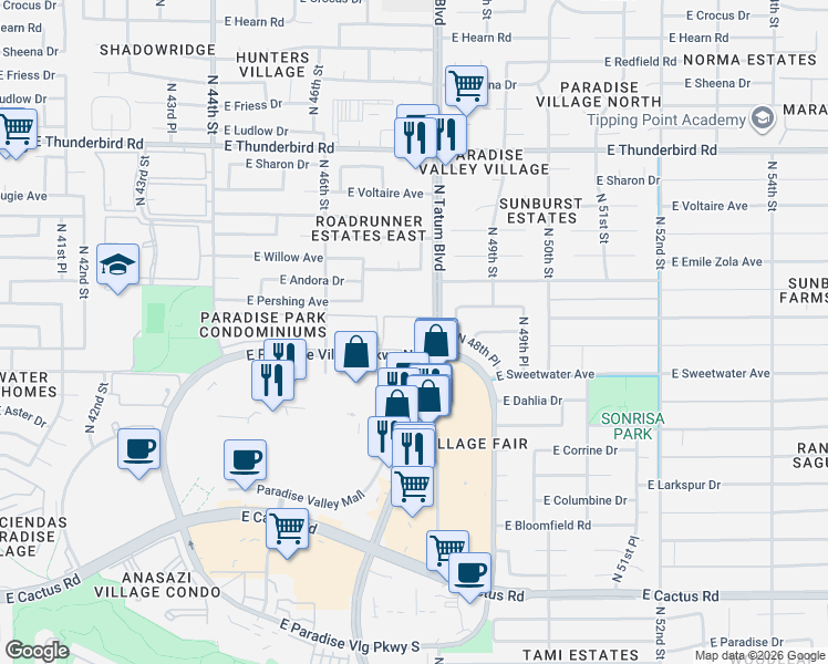 map of restaurants, bars, coffee shops, grocery stores, and more near 4704 East Paradise Village Parkway North in Phoenix