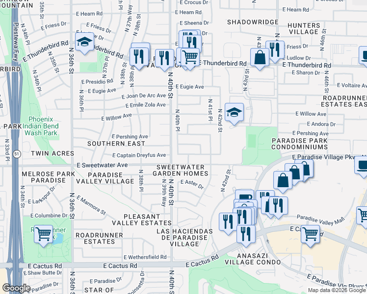 map of restaurants, bars, coffee shops, grocery stores, and more near 4026 East Surrey Avenue in Phoenix
