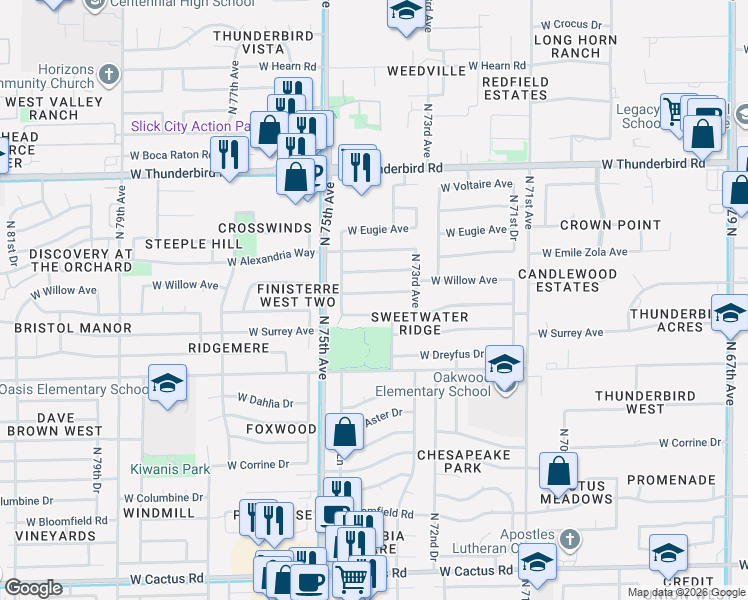 map of restaurants, bars, coffee shops, grocery stores, and more near 7350 West Willow Avenue in Peoria