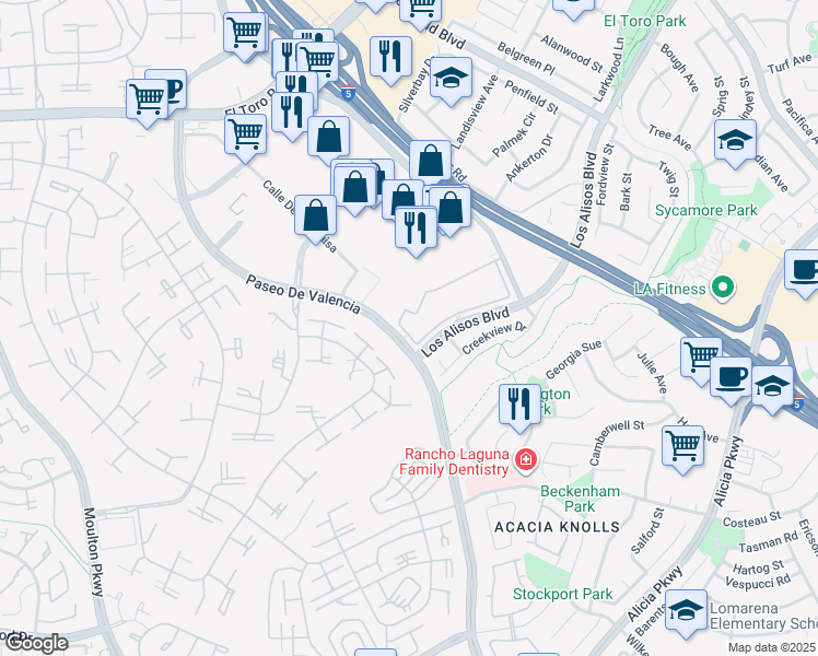 map of restaurants, bars, coffee shops, grocery stores, and more near 24553 Los Alisos Boulevard in Laguna Hills