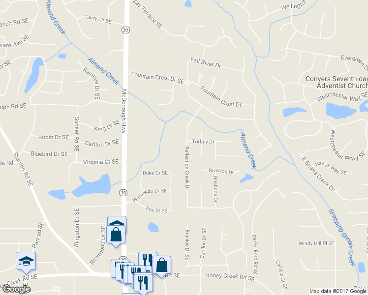 map of restaurants, bars, coffee shops, grocery stores, and more near 2034 Reflection Creek Drive in Conyers