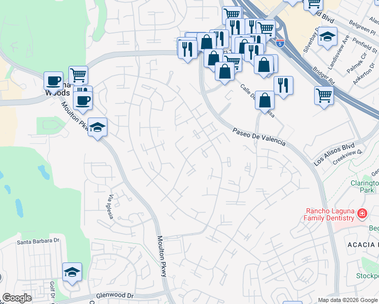 map of restaurants, bars, coffee shops, grocery stores, and more near in Laguna Woods