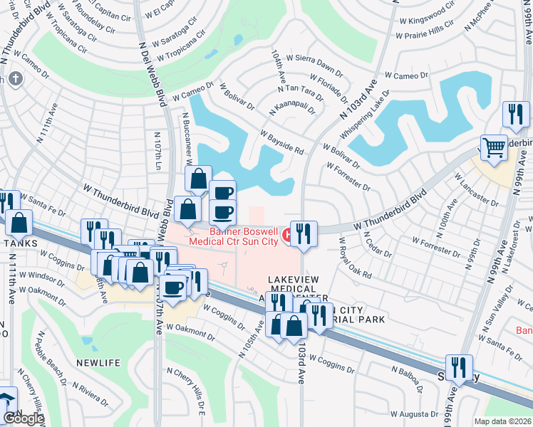 map of restaurants, bars, coffee shops, grocery stores, and more near 10330 West Thunderbird Boulevard in Sun City