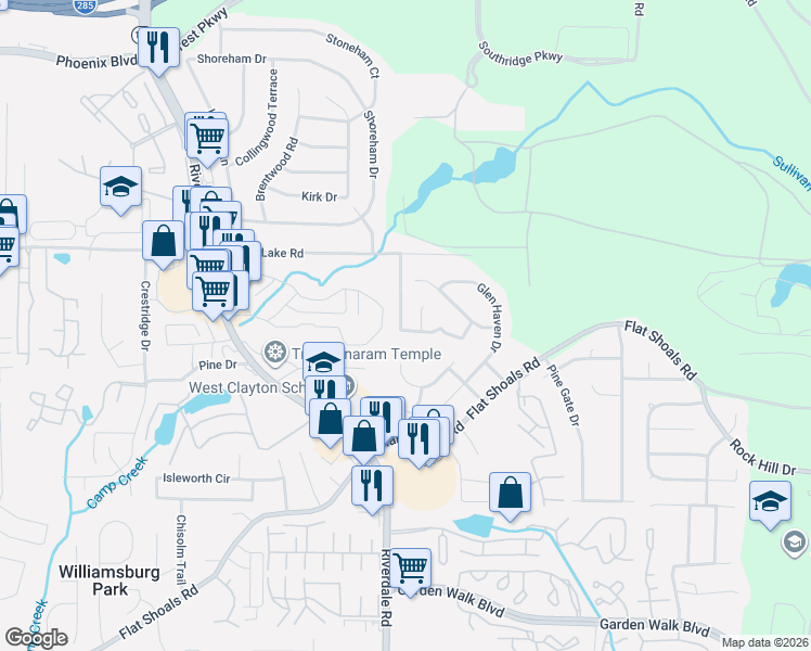 map of restaurants, bars, coffee shops, grocery stores, and more near 5446 Waterfall Court in Atlanta
