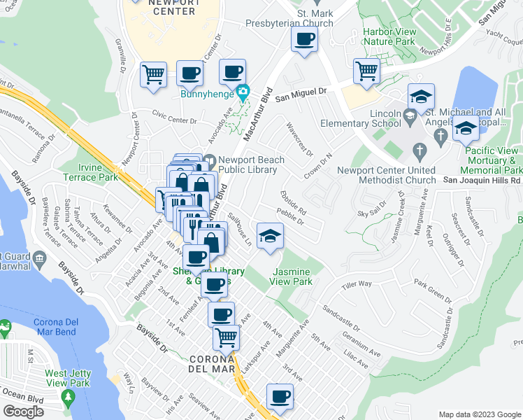 map of restaurants, bars, coffee shops, grocery stores, and more near 2701 Pebble Drive in Newport Beach