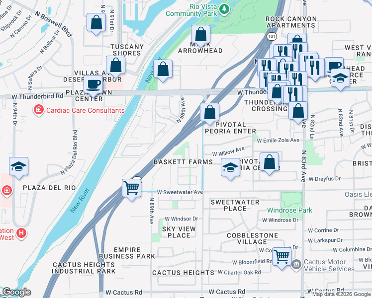 map of restaurants, bars, coffee shops, grocery stores, and more near 13478 N 87th Ln in Peoria