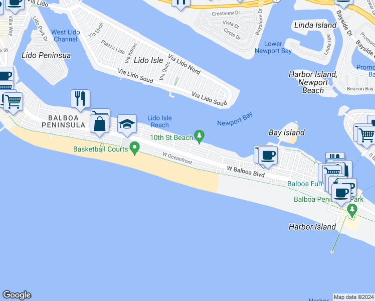 map of restaurants, bars, coffee shops, grocery stores, and more near 1004 West Balboa Boulevard in Newport Beach