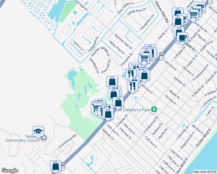 map of restaurants, bars, coffee shops, grocery stores, and more near 1040 U.S. 17 Business in Surfside Beach