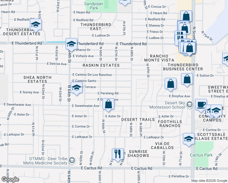 map of restaurants, bars, coffee shops, grocery stores, and more near 6629 East Eugie Terrace in Scottsdale