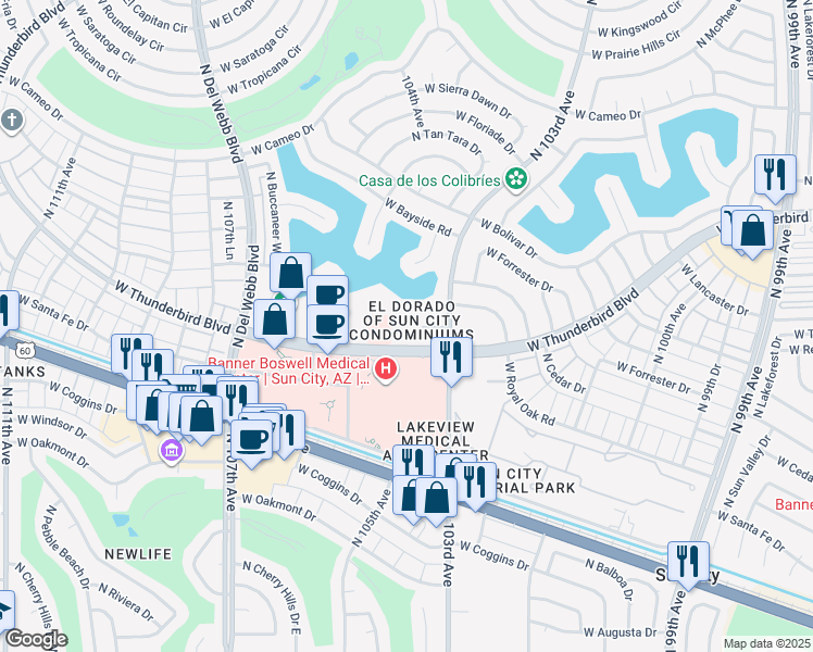 map of restaurants, bars, coffee shops, grocery stores, and more near 10330 West Thunderbird Boulevard in Sun City
