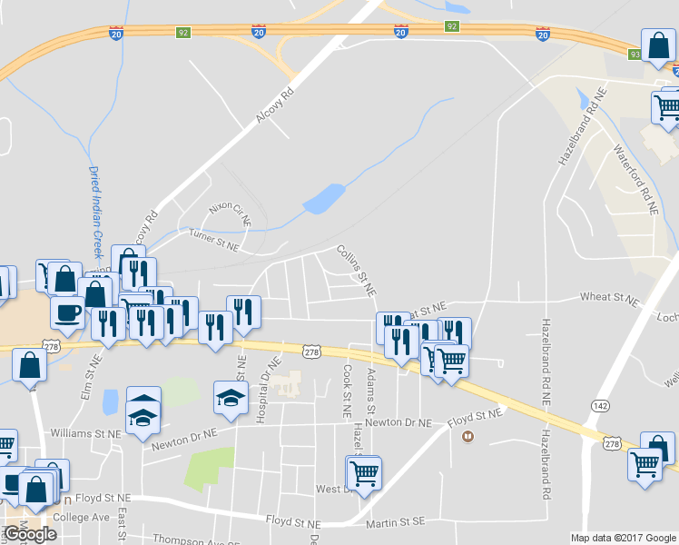 map of restaurants, bars, coffee shops, grocery stores, and more near 6129 Sorrell Street Northeast in Covington
