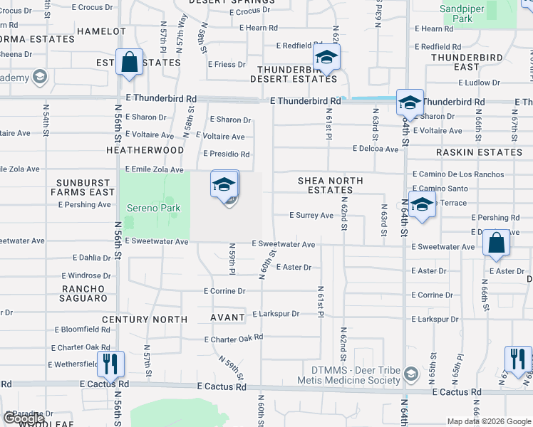 map of restaurants, bars, coffee shops, grocery stores, and more near 6002 East Surrey Avenue in Scottsdale