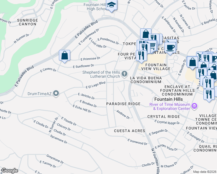 map of restaurants, bars, coffee shops, grocery stores, and more near 16007 East El Lago Boulevard in Fountain Hills