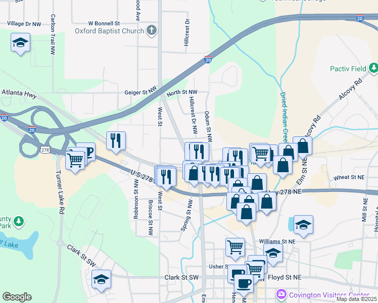 map of restaurants, bars, coffee shops, grocery stores, and more near 4170 Emory Street Northwest in Covington
