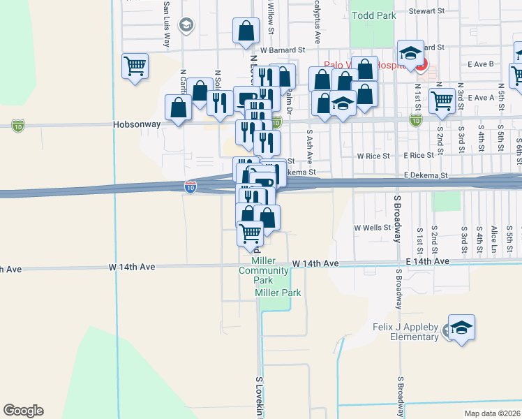 map of restaurants, bars, coffee shops, grocery stores, and more near 320 North Lovekin Boulevard in Blythe