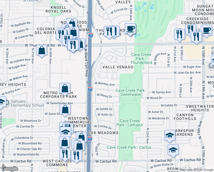 map of restaurants, bars, coffee shops, grocery stores, and more near 2615 West Roveen Avenue in Phoenix