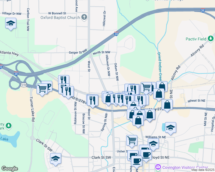 map of restaurants, bars, coffee shops, grocery stores, and more near 4170 Emory Street Northwest in Covington