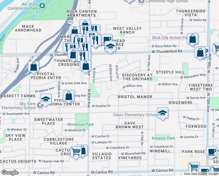 map of restaurants, bars, coffee shops, grocery stores, and more near 8111 West Wacker Road in Peoria