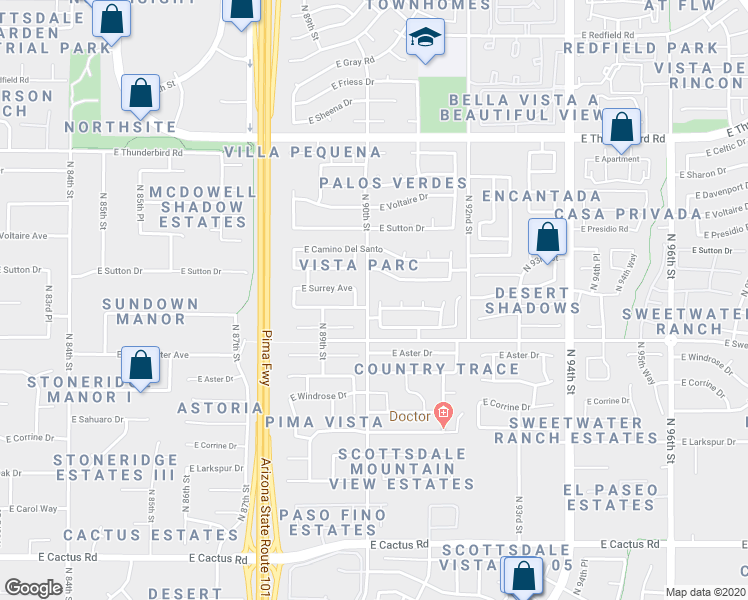map of restaurants, bars, coffee shops, grocery stores, and more near 13250 North 90th Place in Scottsdale