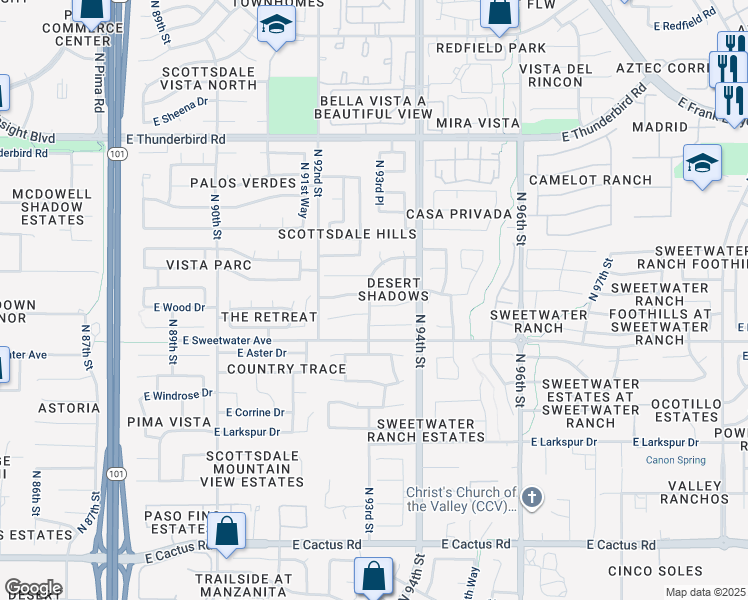 map of restaurants, bars, coffee shops, grocery stores, and more near 9309 East Pershing Avenue in Scottsdale