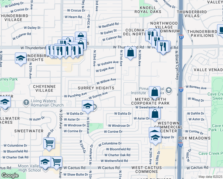 map of restaurants, bars, coffee shops, grocery stores, and more near 3132 West Surrey Avenue in Phoenix
