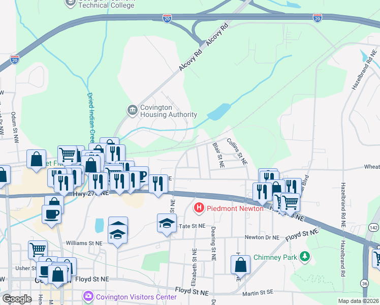 map of restaurants, bars, coffee shops, grocery stores, and more near 5170 Anglin Street Northeast in Covington