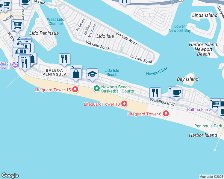 map of restaurants, bars, coffee shops, grocery stores, and more near 2 West Balboa Boulevard in Newport Beach