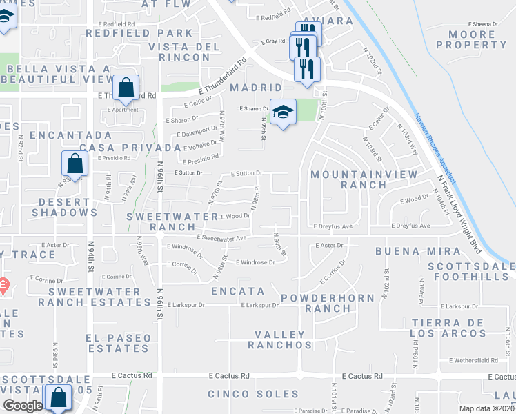 map of restaurants, bars, coffee shops, grocery stores, and more near 13145 North 98th Place in Scottsdale