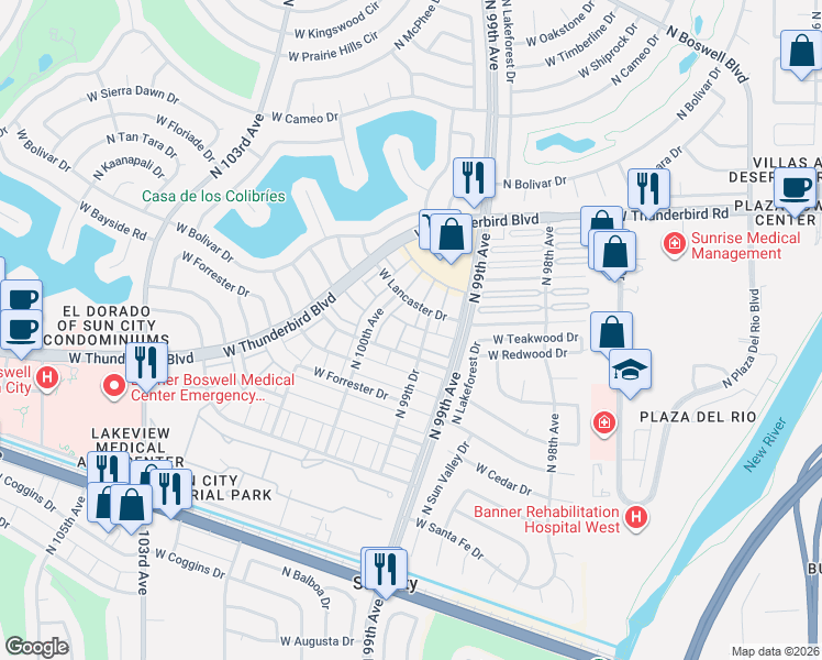 map of restaurants, bars, coffee shops, grocery stores, and more near 13228 North 99th Drive in Sun City
