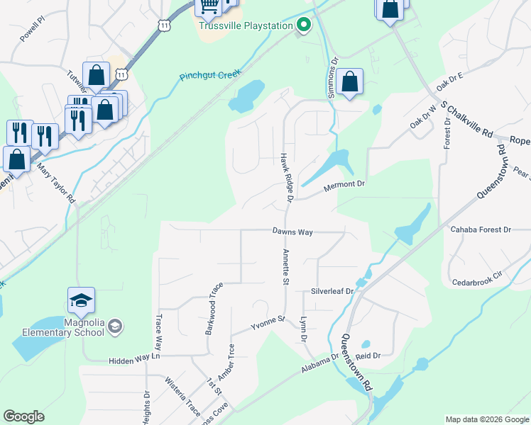 map of restaurants, bars, coffee shops, grocery stores, and more near 6123 Broadwing Road in Trussville