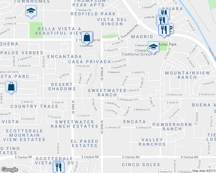 map of restaurants, bars, coffee shops, grocery stores, and more near 13375 North 96th Place in Scottsdale