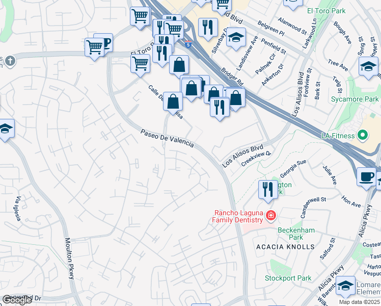 map of restaurants, bars, coffee shops, grocery stores, and more near 140 Avenida Majorca in Laguna Woods