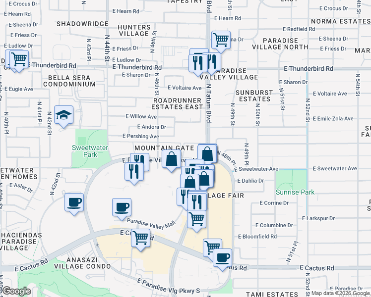 map of restaurants, bars, coffee shops, grocery stores, and more near 4704 East Paradise Village Parkway North in Phoenix