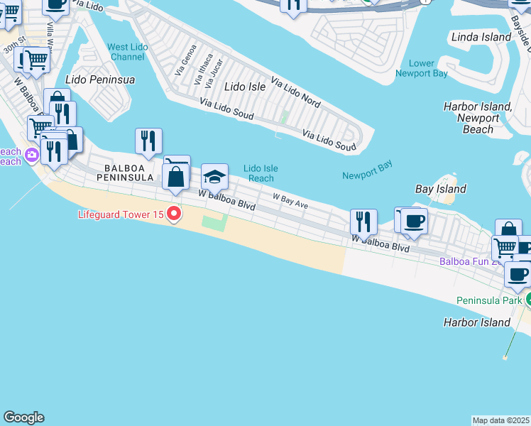map of restaurants, bars, coffee shops, grocery stores, and more near 1125 West Balboa Boulevard in Newport Beach