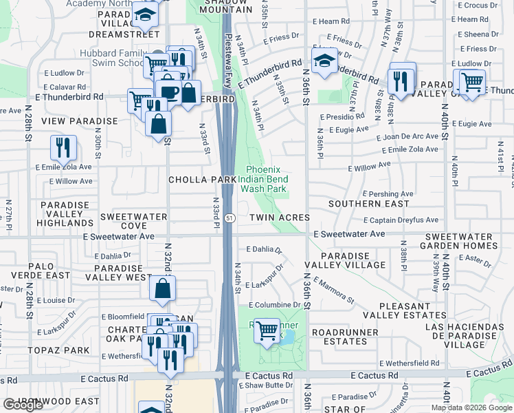 map of restaurants, bars, coffee shops, grocery stores, and more near 13113 North 34th Way in Phoenix