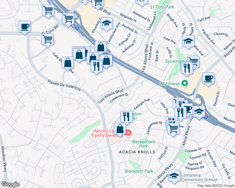 map of restaurants, bars, coffee shops, grocery stores, and more near 24611 Creekview Drive in Laguna Hills