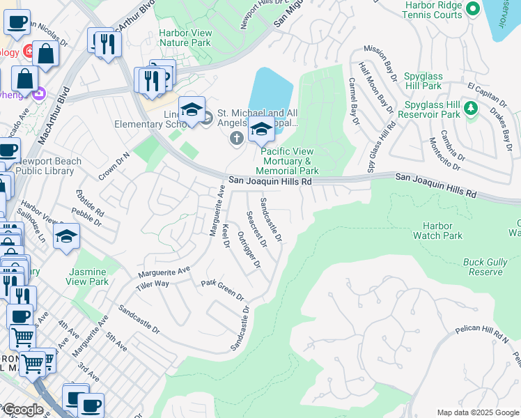 map of restaurants, bars, coffee shops, grocery stores, and more near 1543 Sandcastle Drive in Newport Beach