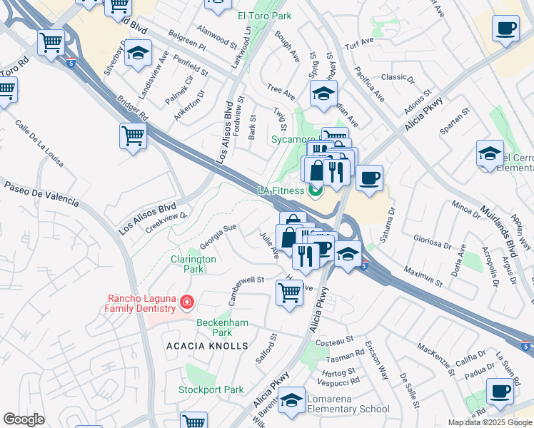 map of restaurants, bars, coffee shops, grocery stores, and more near 24971 Sara Lane in Laguna Hills