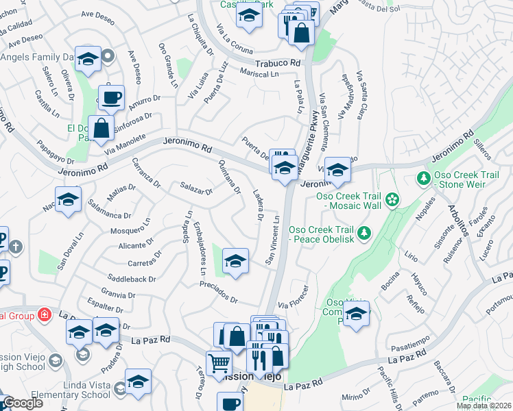 map of restaurants, bars, coffee shops, grocery stores, and more near 24582 Ladera Drive in Mission Viejo