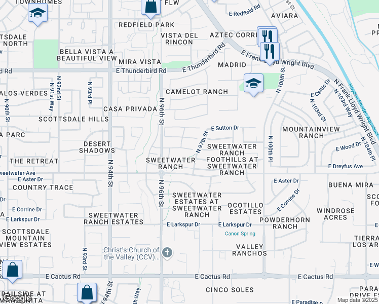 map of restaurants, bars, coffee shops, grocery stores, and more near 9665 E Pershing Ave in Scottsdale