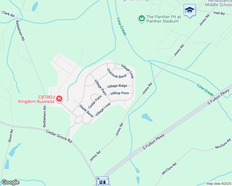 map of restaurants, bars, coffee shops, grocery stores, and more near 5490 Hilltop Pass in Fairburn