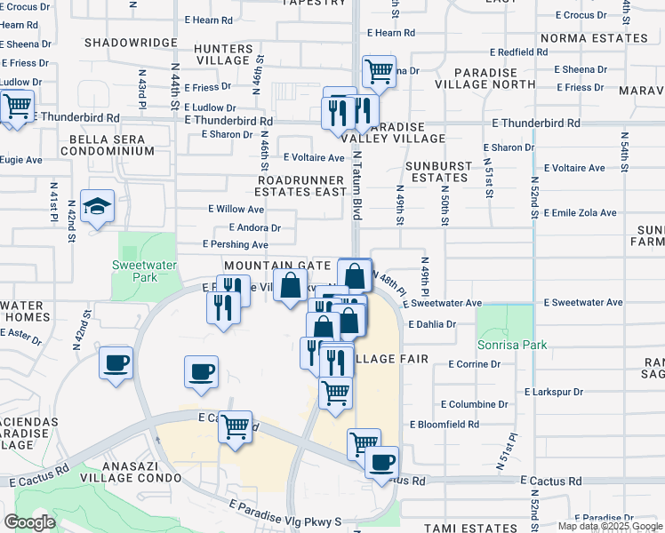 map of restaurants, bars, coffee shops, grocery stores, and more near 4704 East Paradise Village Parkway North in Phoenix