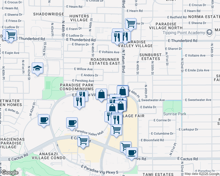 map of restaurants, bars, coffee shops, grocery stores, and more near 4704 East Paradise Village Parkway North in Phoenix