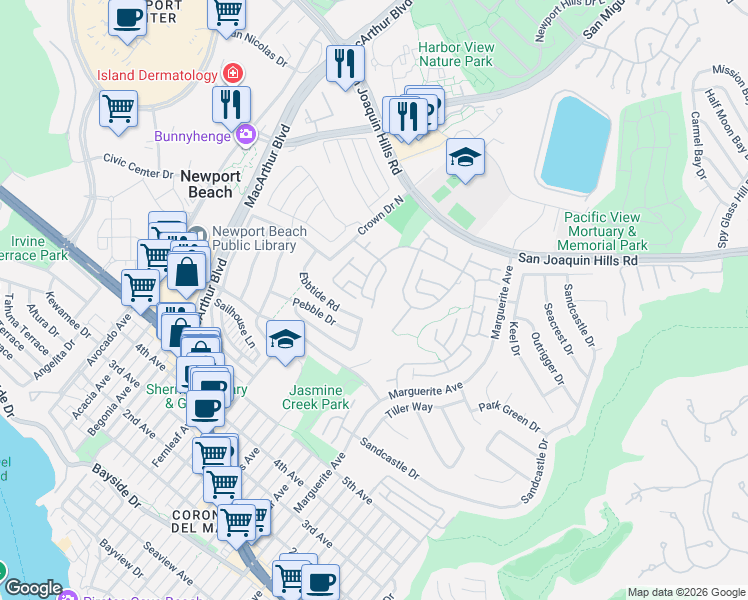 map of restaurants, bars, coffee shops, grocery stores, and more near 12 Atoll Drive in Newport Beach